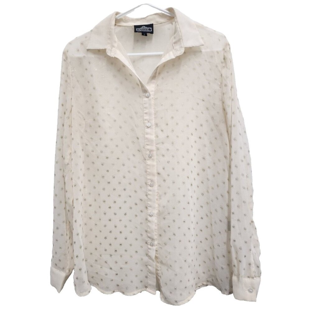 Angie Womens Top Small Cream Gold Polka Dot Sheer Long Sleeve Button‎ Up Fairy